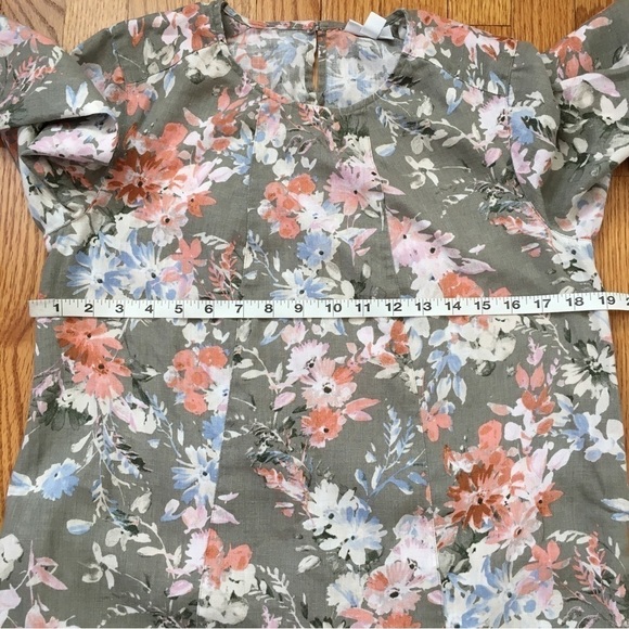 J. Jill 100%  Linen  Floral Ruffle Hem 3/4 long sleeves Crew Neck Relaxed Dress - Picture 11 of 16
